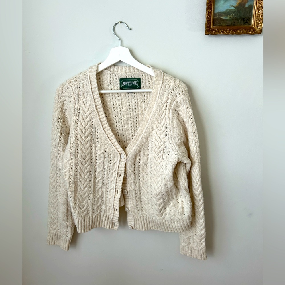 American Eagle Cream Cable Knit Cropped Cardigan